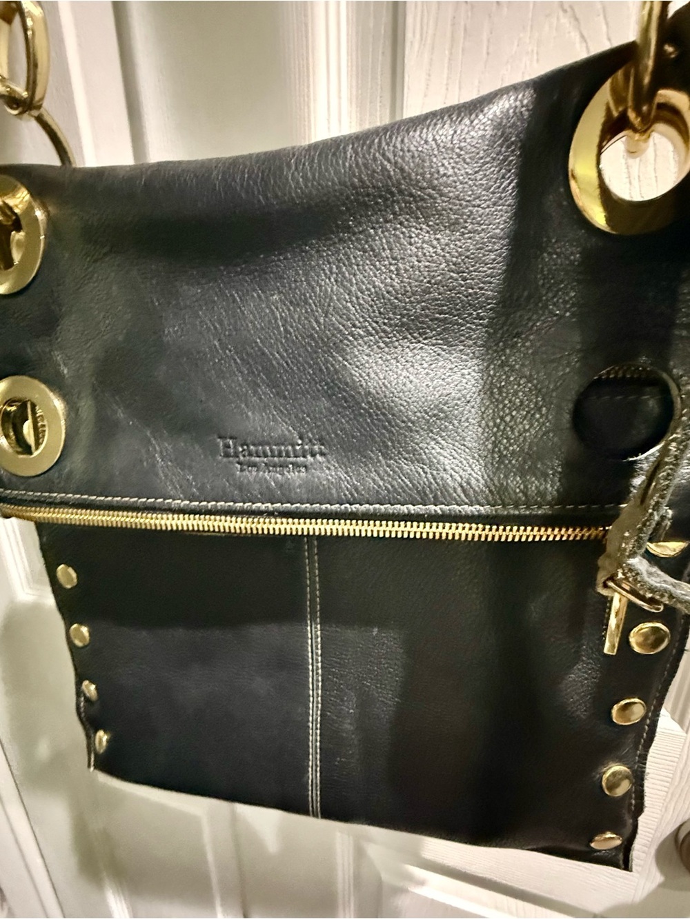 Hammitt Black Leather Messenger Bag with Gold Hardware